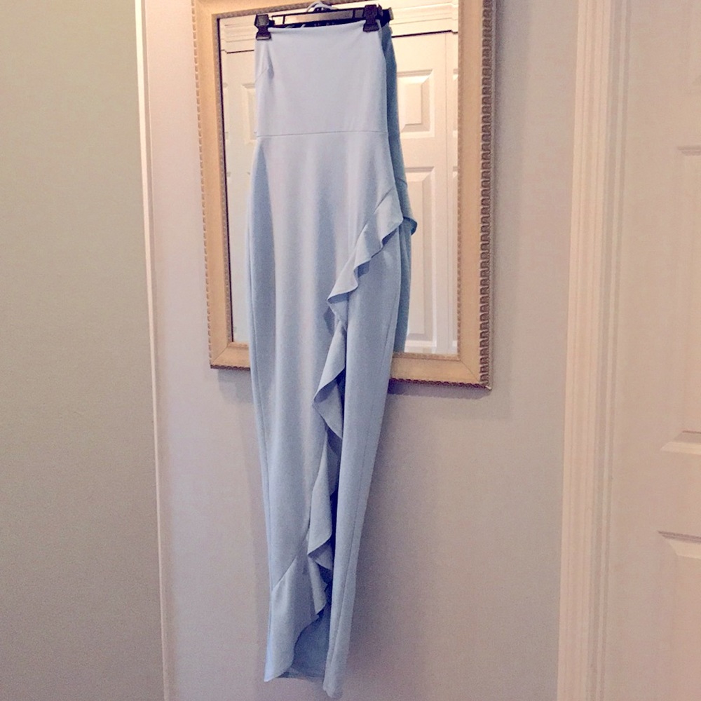 Baby blue prom dress. Sexy cut upfront.